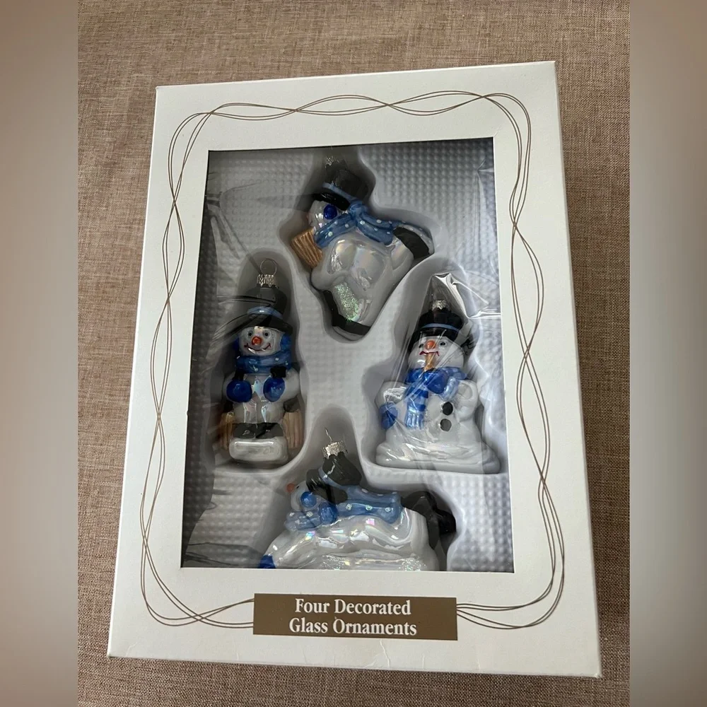 Set of (4) 2001 Target decorated iridescent glass snowman ornaments